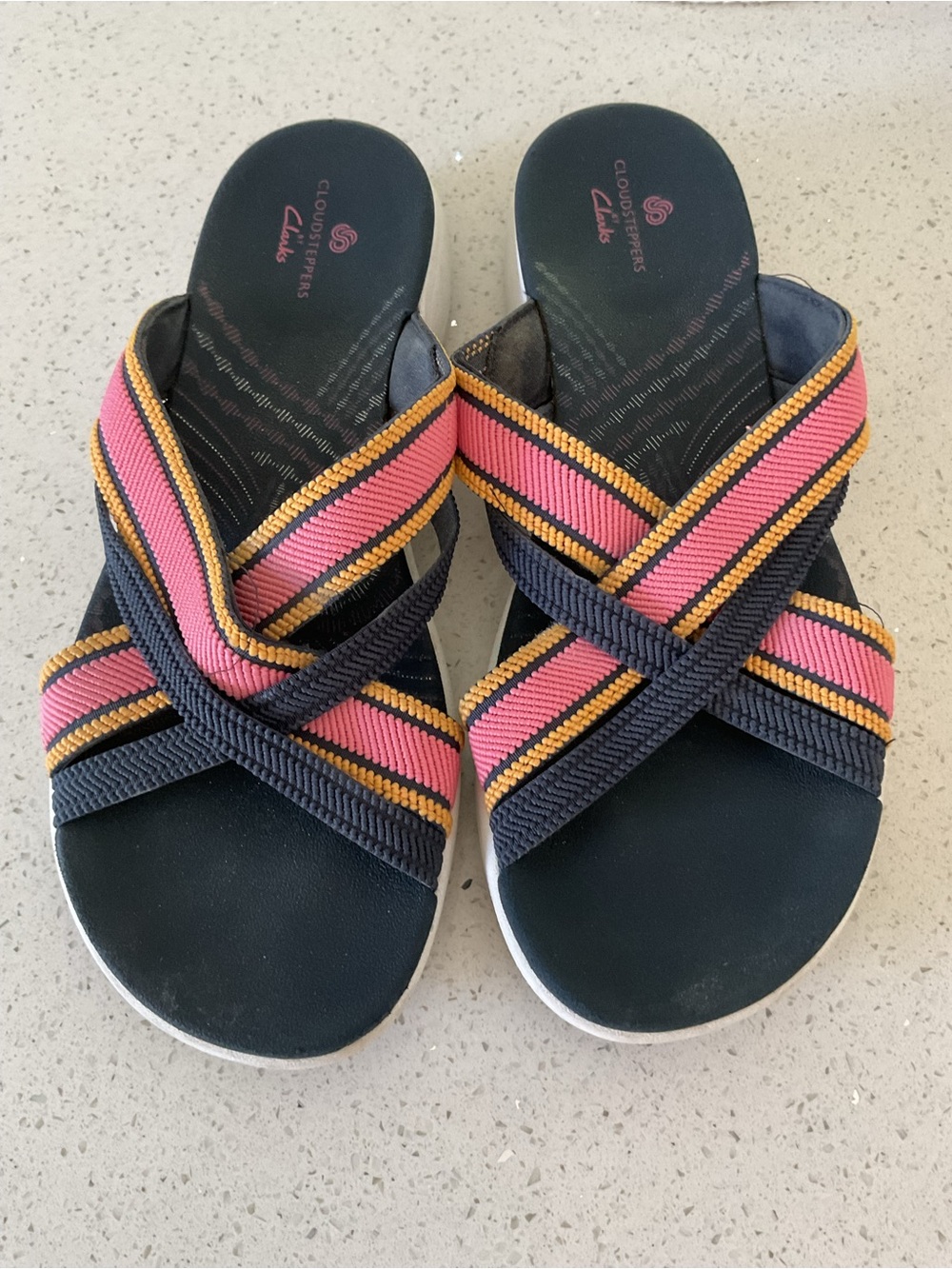 Clarks Women's Black Sandals with Pink and Gold Trim